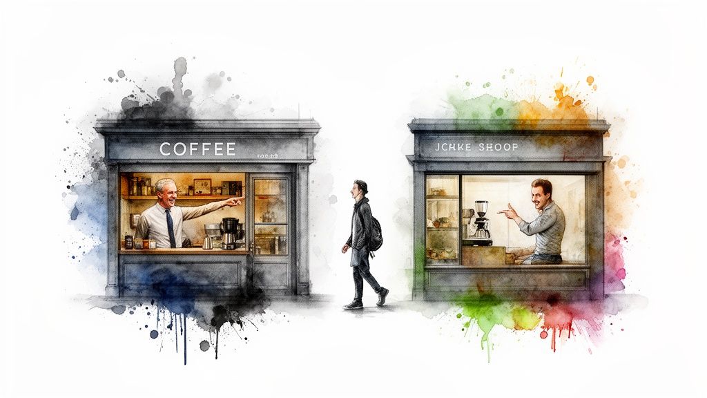 Watercolor illustration of two coffee shops, baristas pointing, and a man walking between them.
