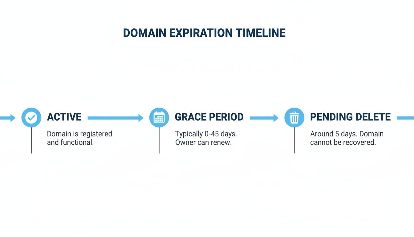 Domain expiration timeline illustrating three stages: Active, Grace Period (0-45 days), and Pending Delete.