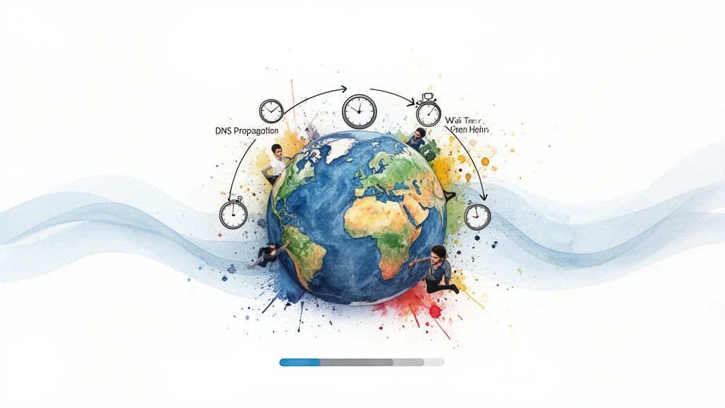 Watercolor illustration of Earth globe with people, clocks, arrows, and 'DNS Propagation' text, representing global network processes.