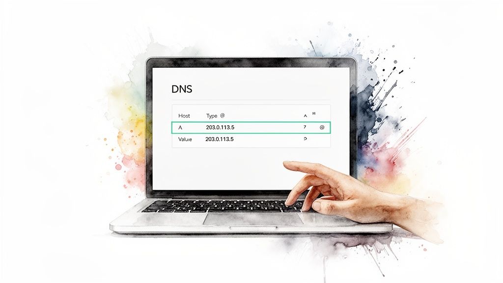 A hand interacting with a laptop displaying a DNS configuration table, highlighting an A record.