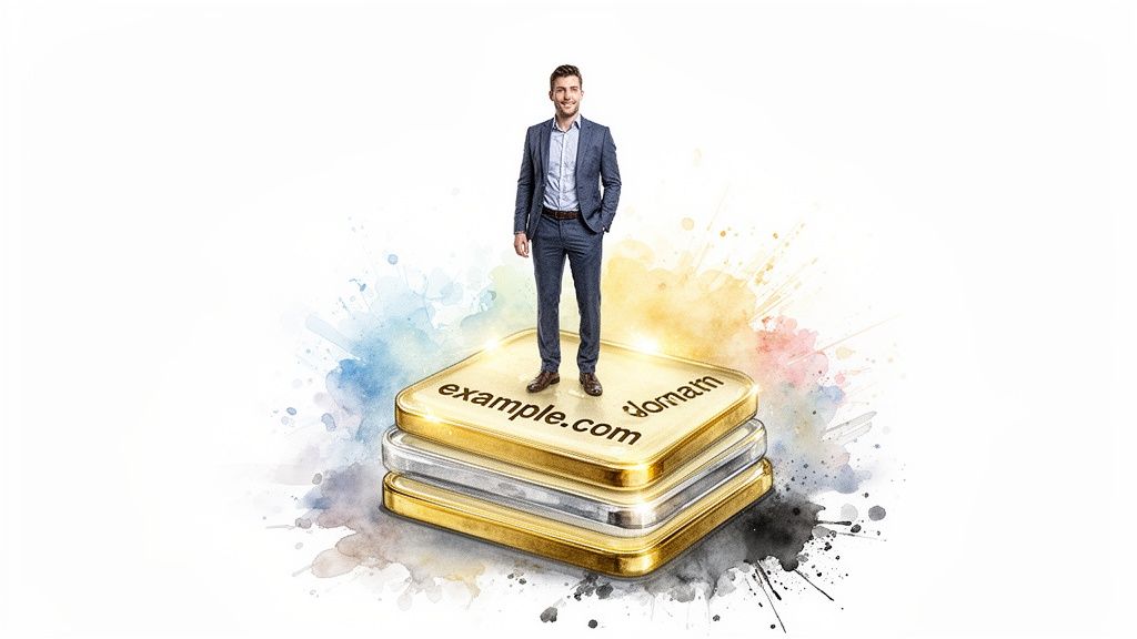 A smiling businessman stands on golden "example.com domain" plaques with watercolor background splashes.
