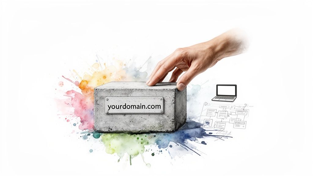 A hand placing a concrete block with "yourdomain.com" on a watercolor background with a laptop sketch.