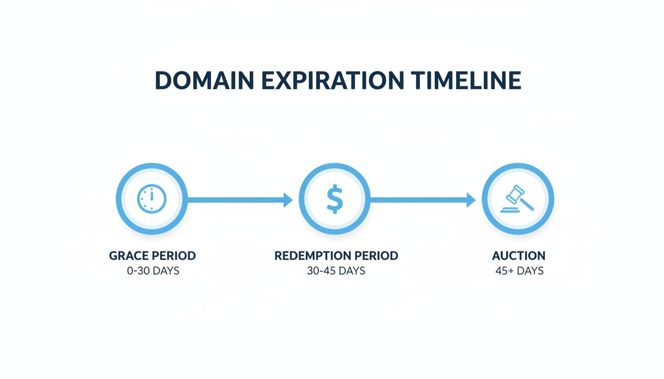Infographic illustrating the domain expiration timeline: Grace (0-30 days), Redemption (30-45 days), and Auction (45+ days).