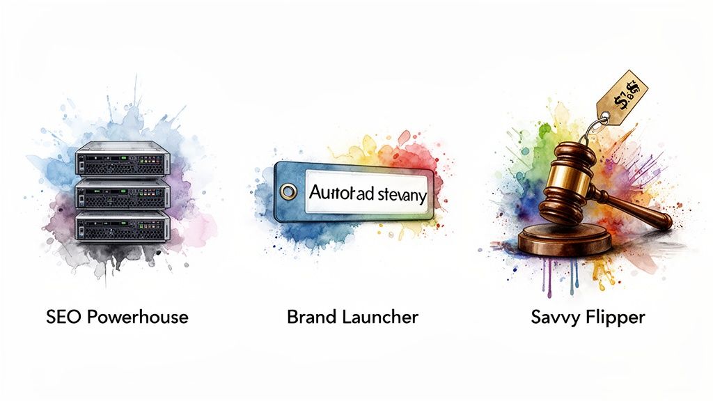 Three distinct icons representing business concepts: servers for SEO, a label for brand launching, and a gavel for savvy flipping.