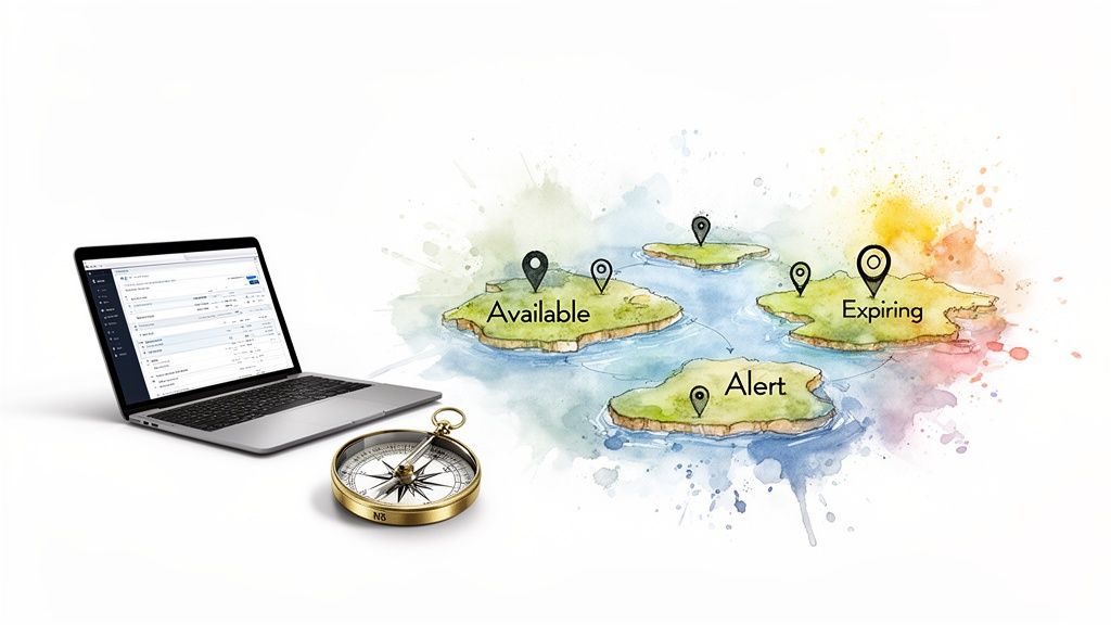 A laptop and compass next to a watercolor map showing 'Available,' 'Expiring,' and 'Alert' islands.