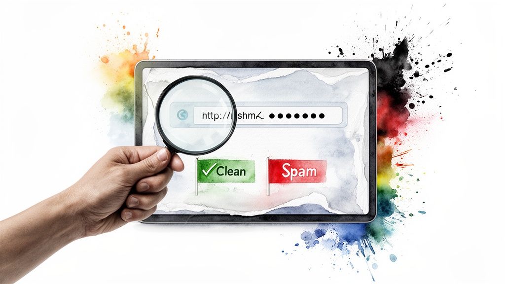 A hand holds a magnifying glass over a tablet screen displaying a URL and 'Clean' vs 'Spam' flags.