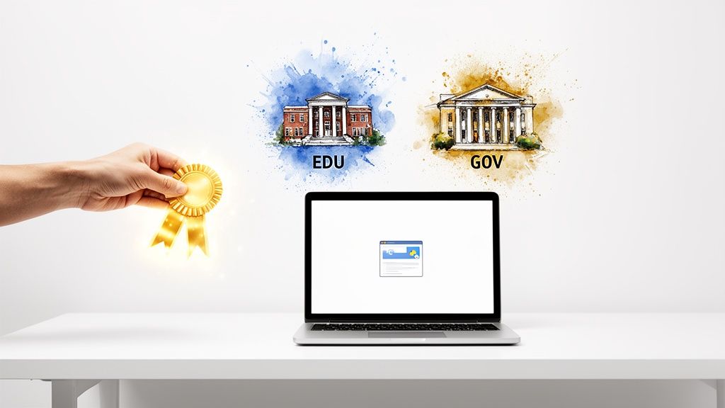 Hand holding a golden award ribbon, symbolizing achievement for education and government institutions above a laptop.