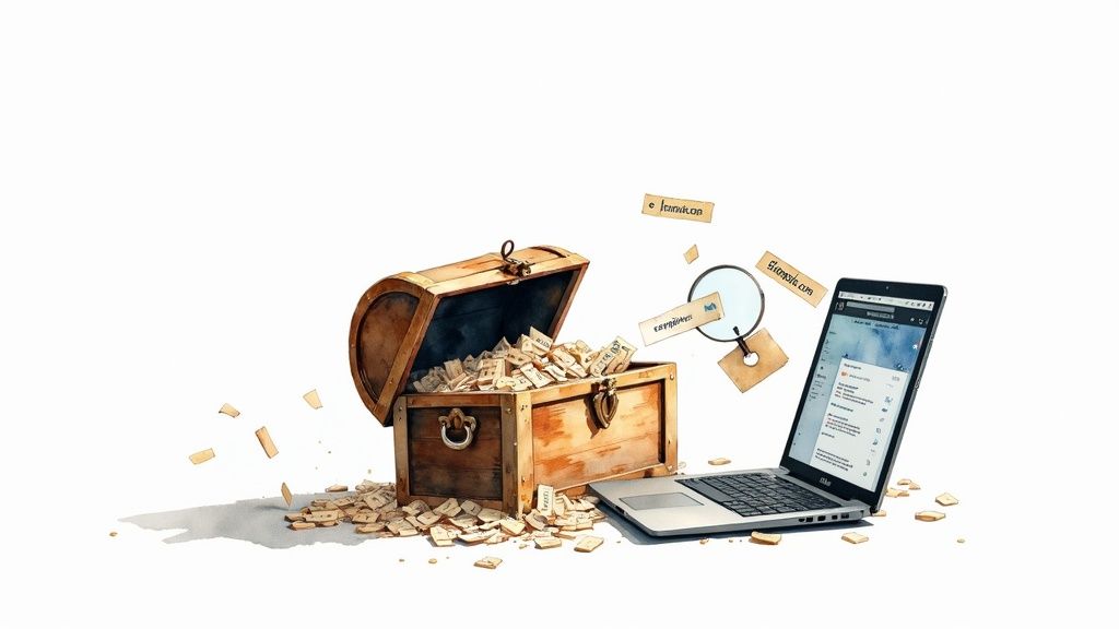 Wooden treasure chest spilling domain names next to laptop displaying domain age checker tool interface