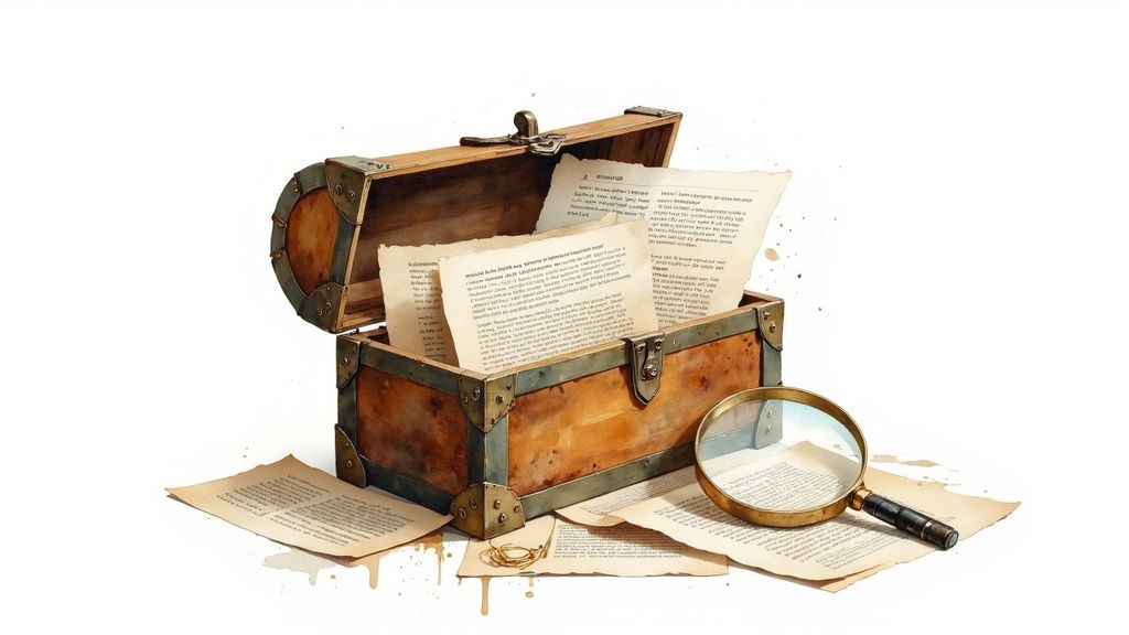 An open wooden treasure chest overflowing with old documents, a magnifying glass, and scattered papers.