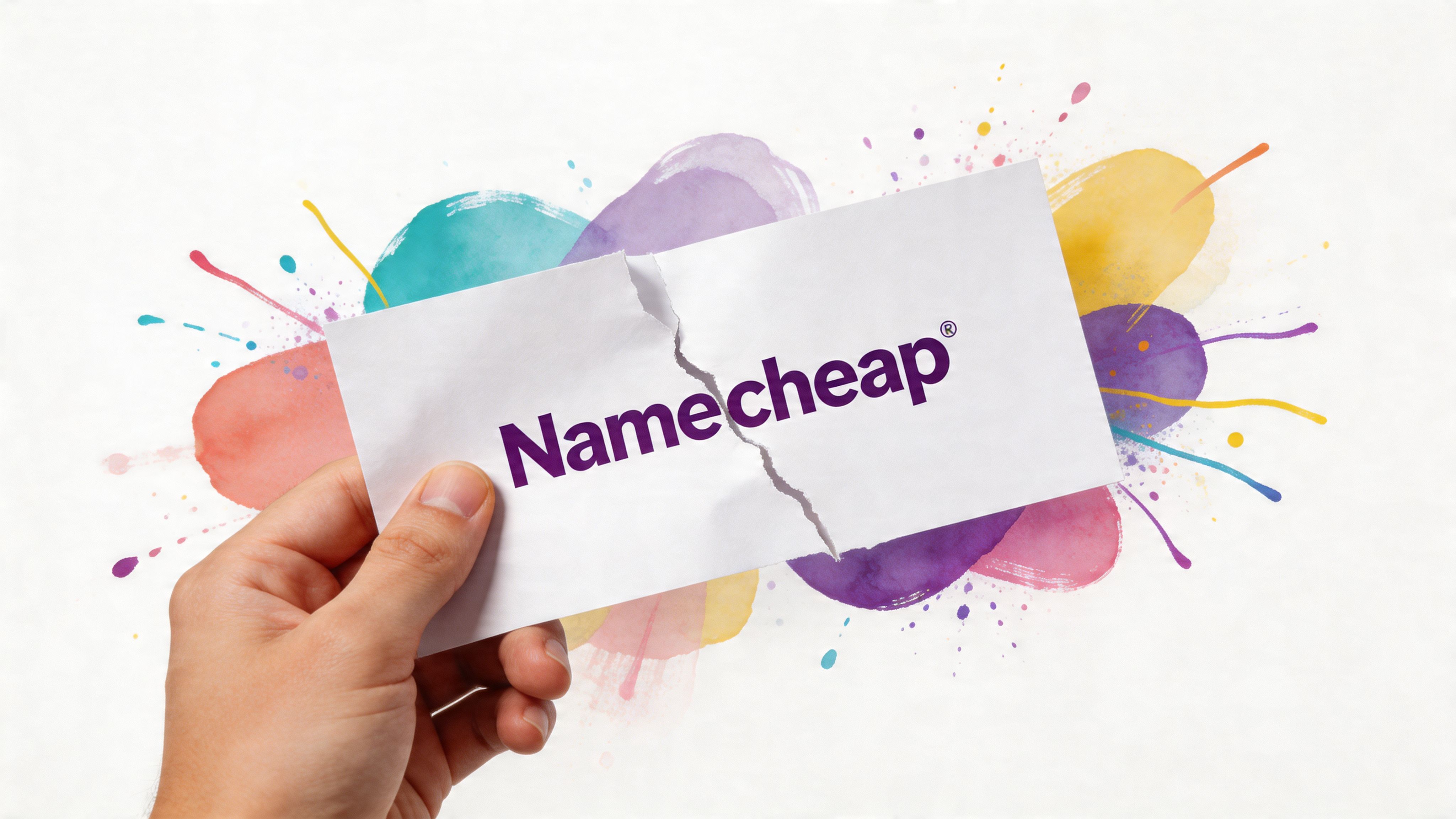 A hand holding a torn piece of paper with the Namecheap logo against a colorful watercolor background.