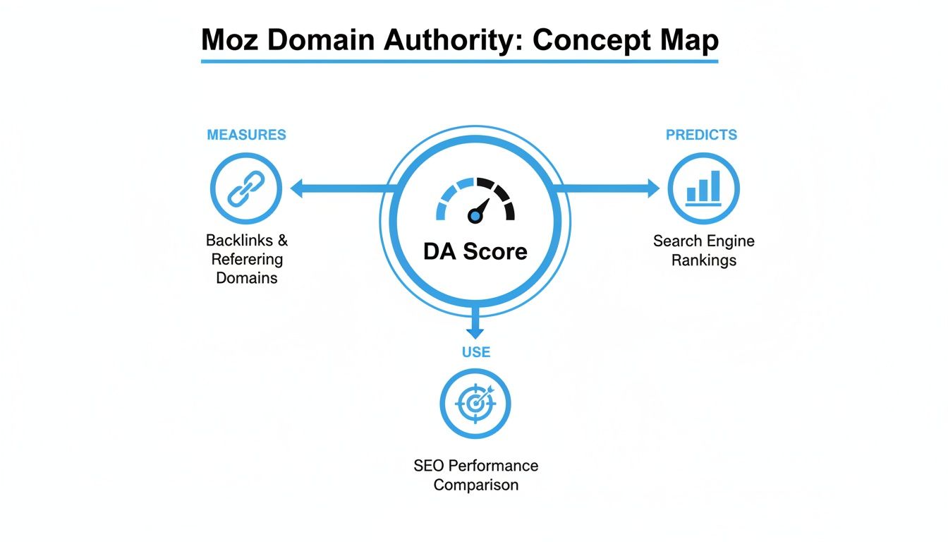 A concept map illustrating Moz Domain Authority (DA) Score, showing its measures, predictions, and use.