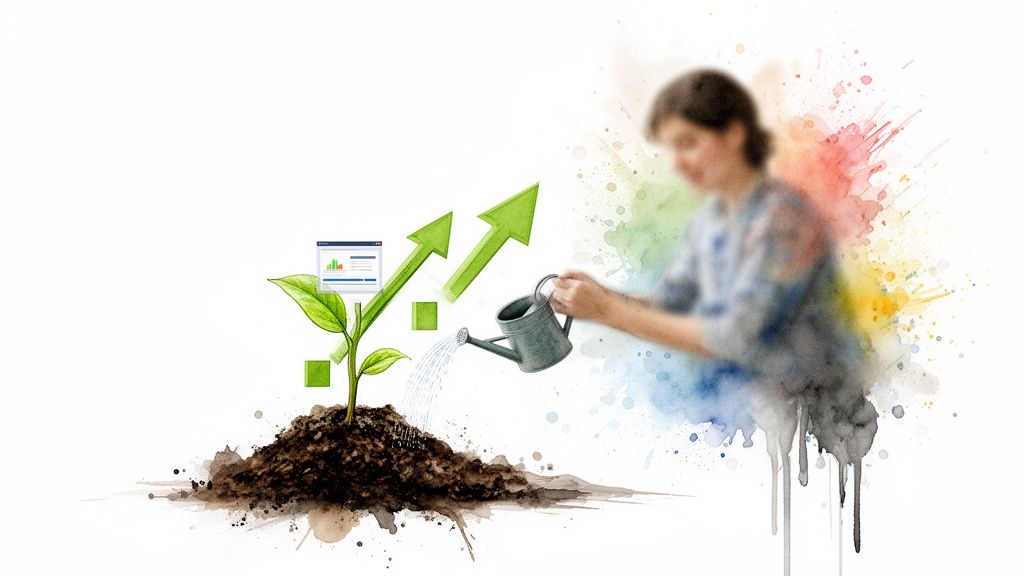 A person waters a plant with a watering can, symbolizing growth with upward arrows and a data screen.