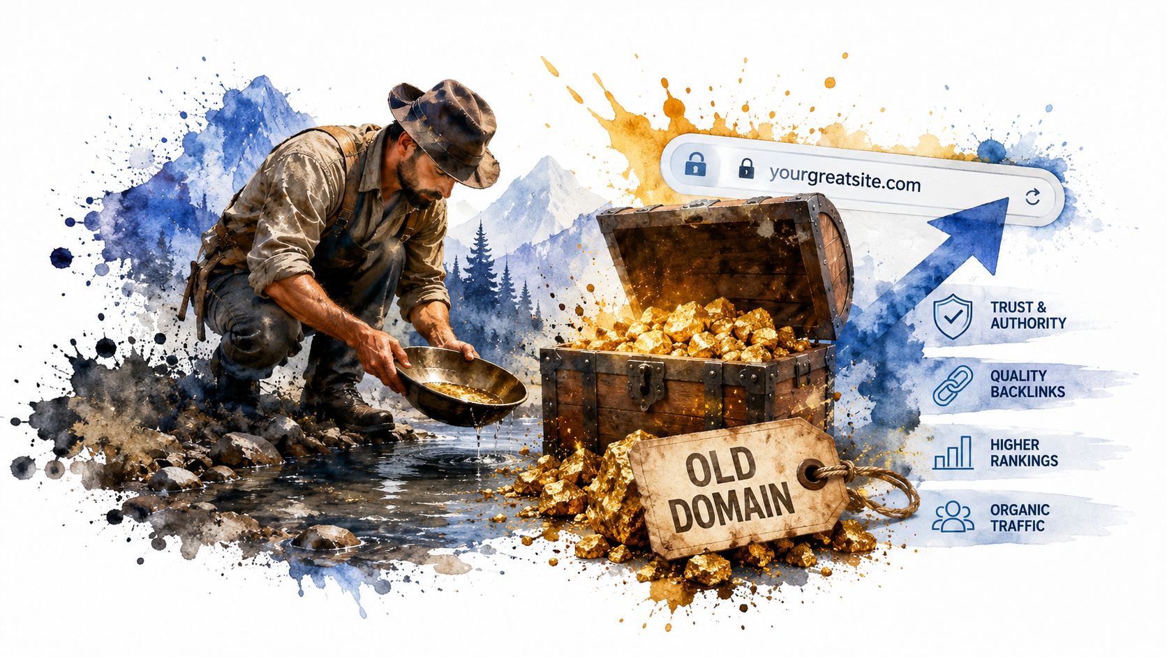 A prospector panning for gold near a treasure chest labeled Old Domain, symbolizing SEO value for websites.