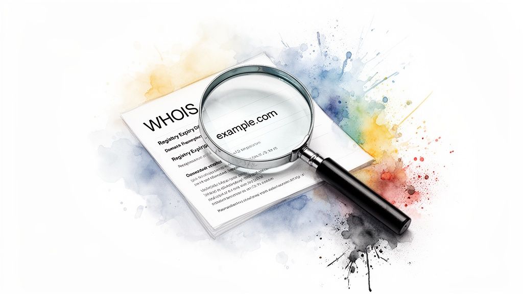 A magnifying glass rests on a WHOIS document, highlighting 'example.com' with colorful watercolor splashes.