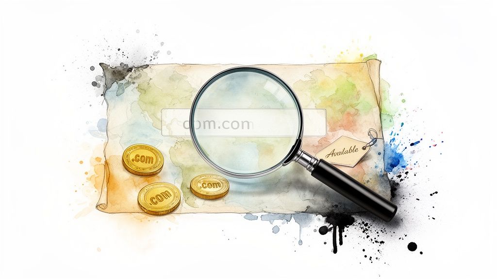 Watercolor illustration of a magnifying glass over a domain search bar, with '.com' coins and an 'Available' tag.
