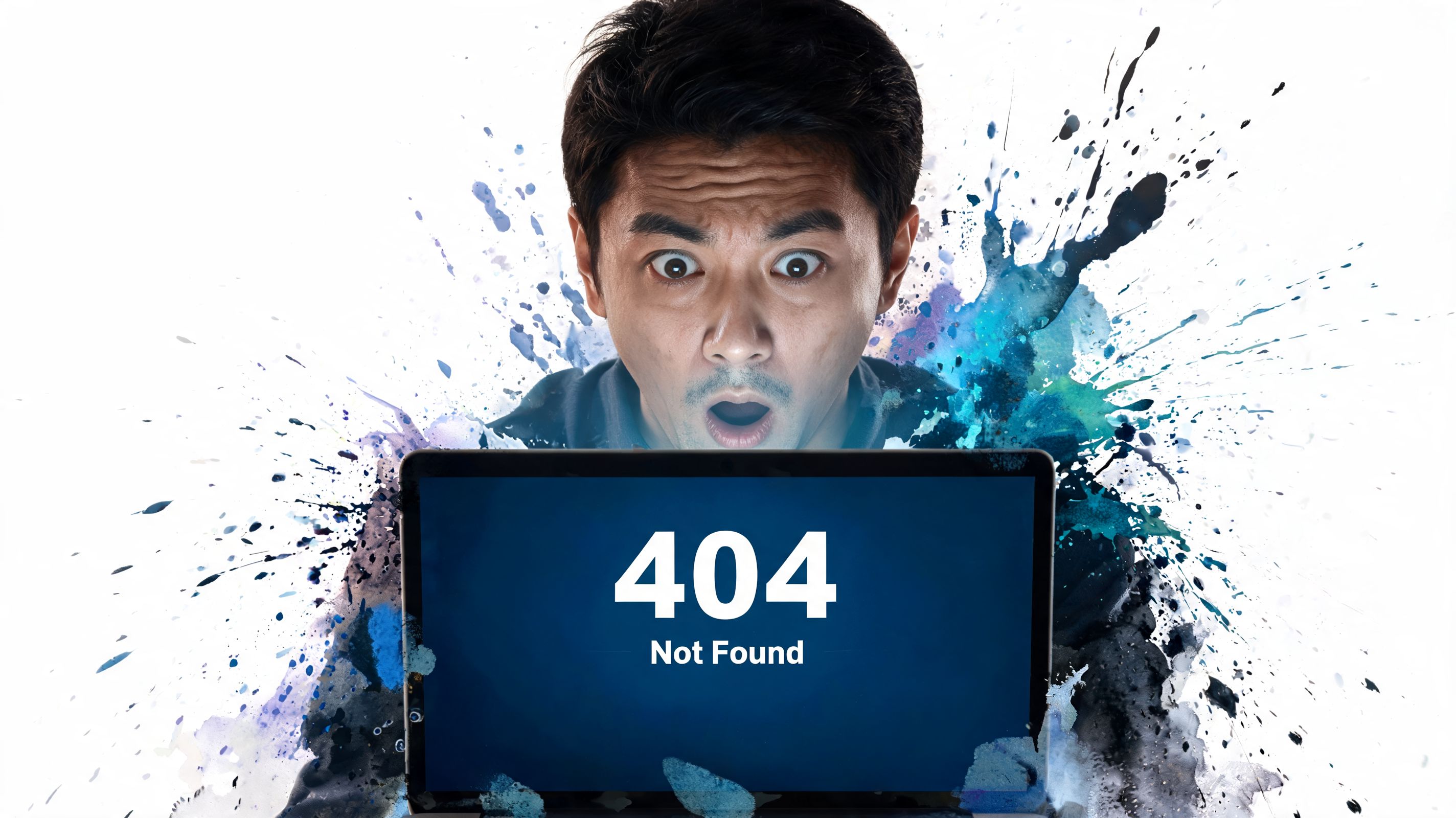 A shocked man looking at a laptop screen displaying a 404 Not Found error message