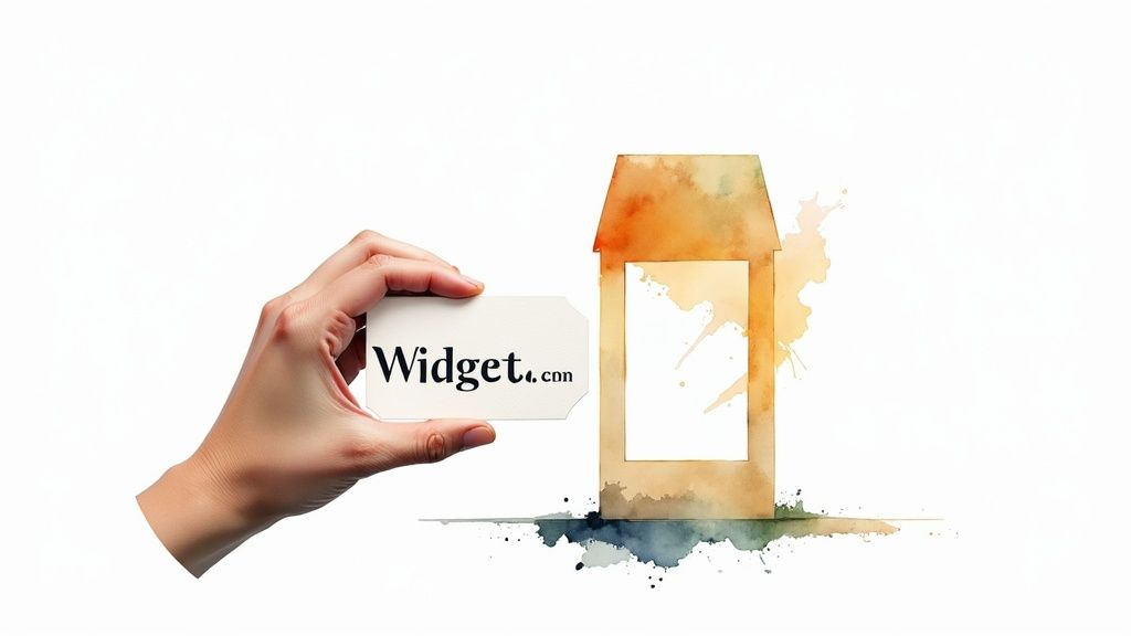 A hand presents a tag with 'Widget.com' next to a creative watercolor house design.