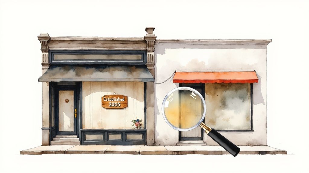 Vintage storefront with magnifying glass examining established 2005 sign representing domain age verification
