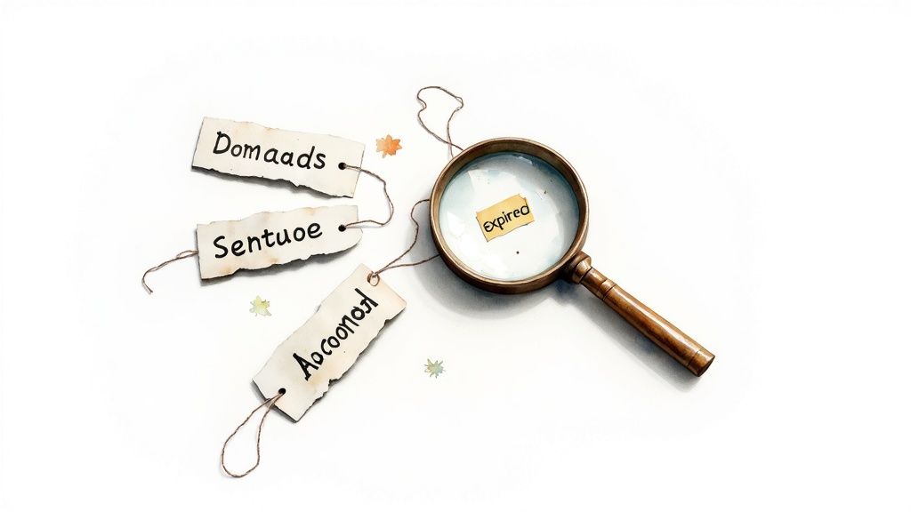 A magnifying glass inspecting an 'expired' label, surrounded by three other labeled tags.