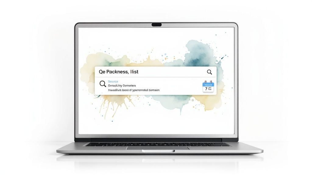 A silver laptop displays a search bar with text and suggestions, against a watercolor background.