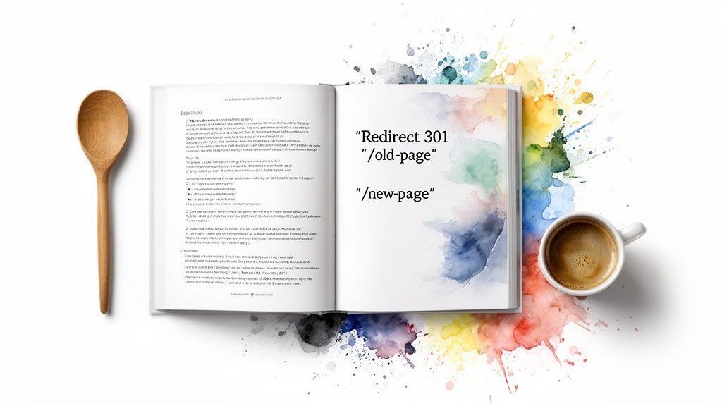 An open book displays 'Redirect 301 /old-page /new-page' with watercolor art, a wooden spoon, and coffee.