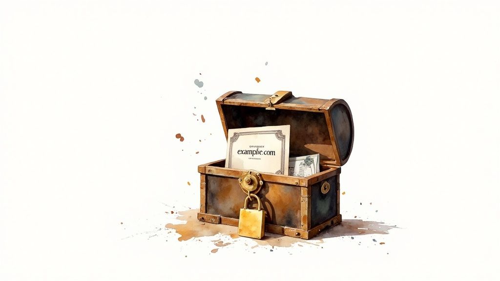 A watercolor painting of an open treasure chest with a document displaying "example.com" and a golden padlock.