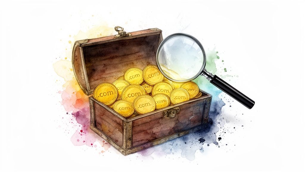 A watercolor illustration of a treasure chest filled with '.com' gold coins, magnified by a large glass.