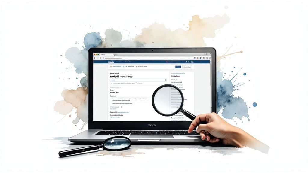 A hand holds a magnifying glass over a laptop screen displaying a WHOIS domain search page.
