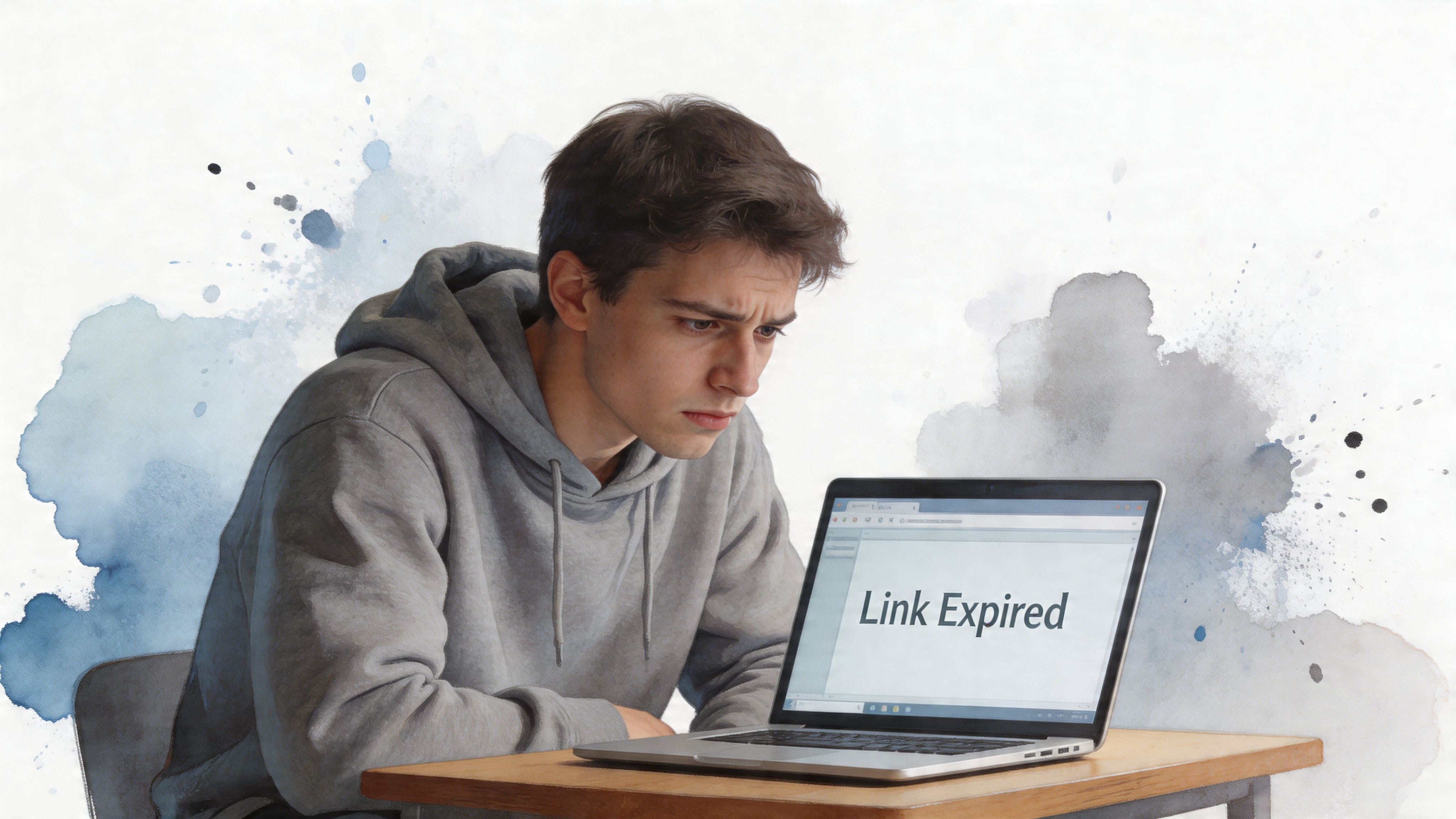 A young man sitting at a desk looking disappointed at his laptop screen showing an expired link.