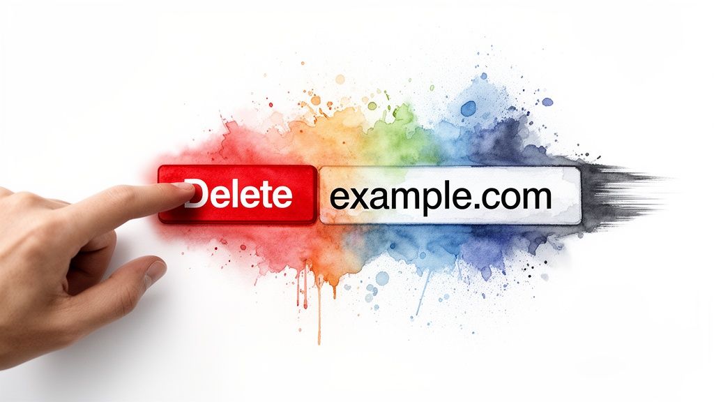 A hand presses a red "Delete" button, erasing "example.com" amidst colorful watercolor paint splatters.