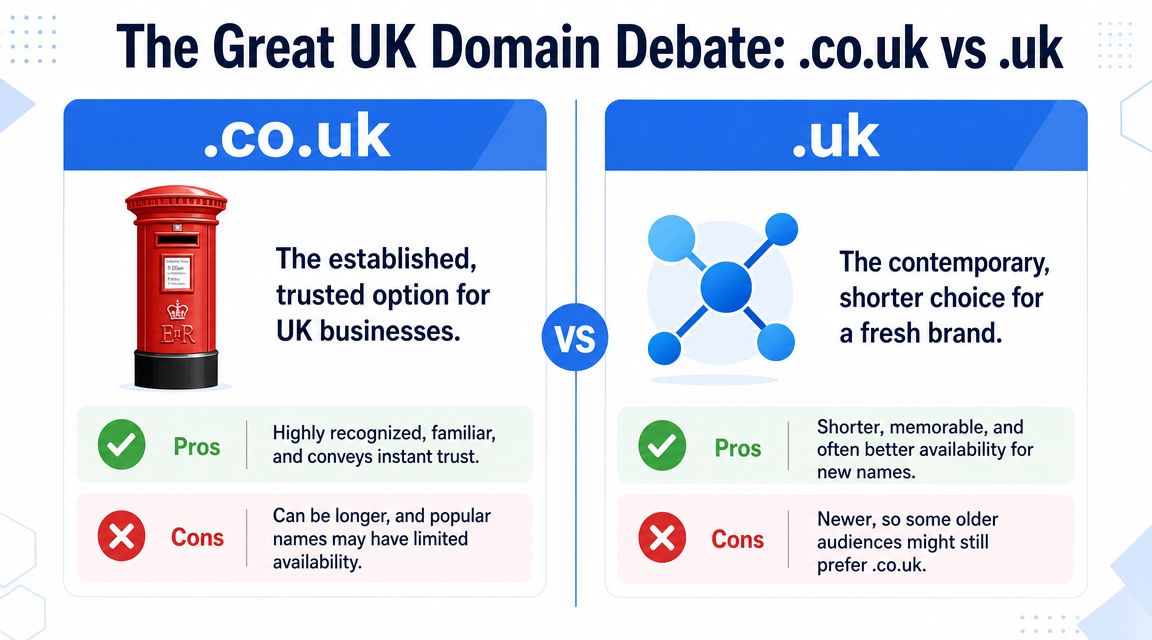 A comparison infographic between .co.uk and .uk domain name extensions for UK based businesses and websites.