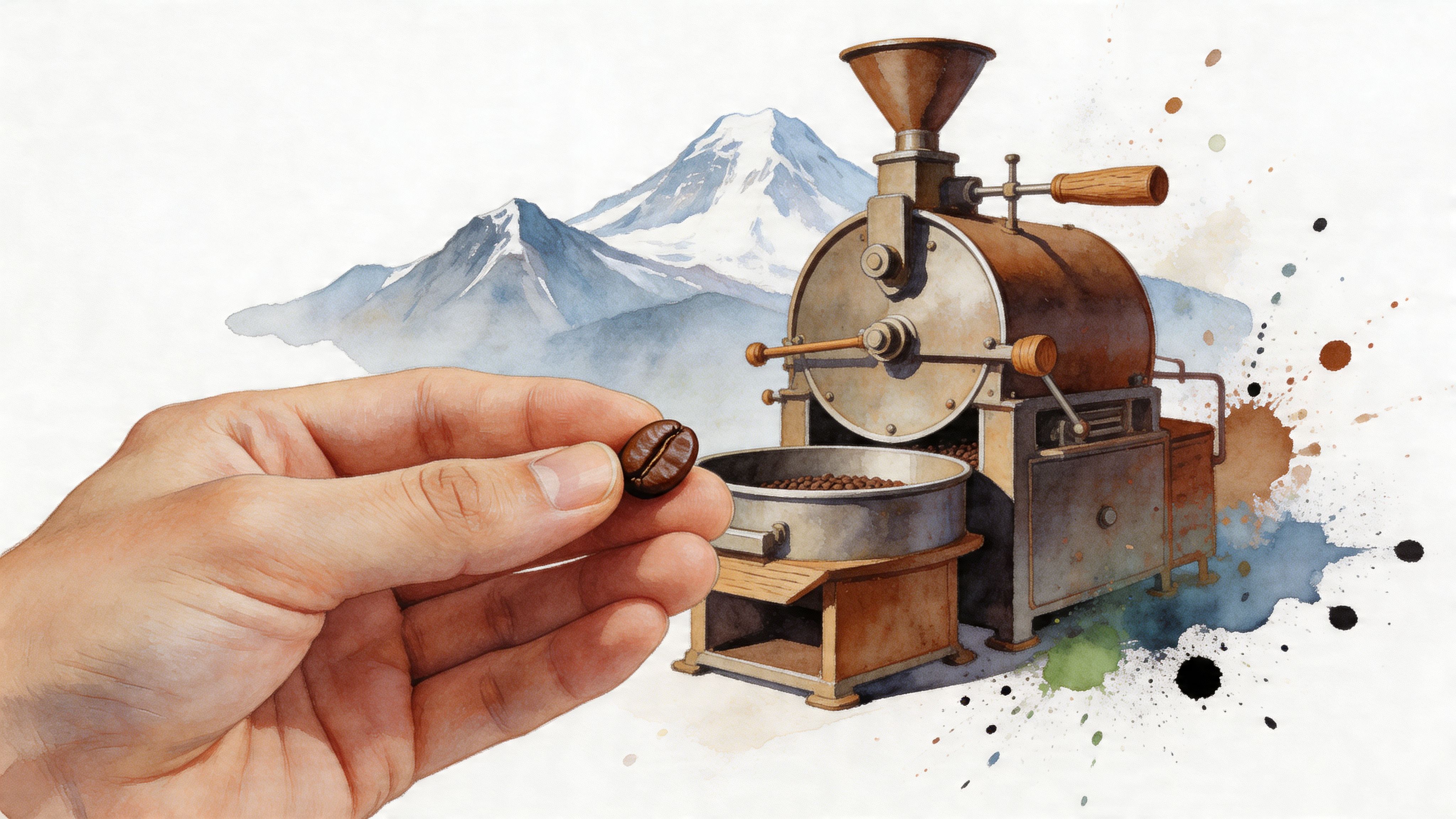 A hand holds a fresh coffee bean in front of a vintage roaster and mountain landscape illustration.