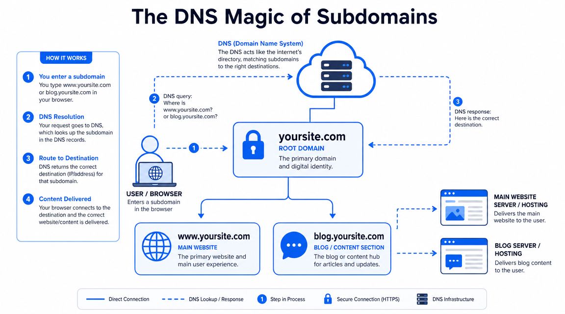 A diagram illustrating how DNS resolves subdomains like www.yoursite.com and blog.yoursite.com to specific hosting server locations.