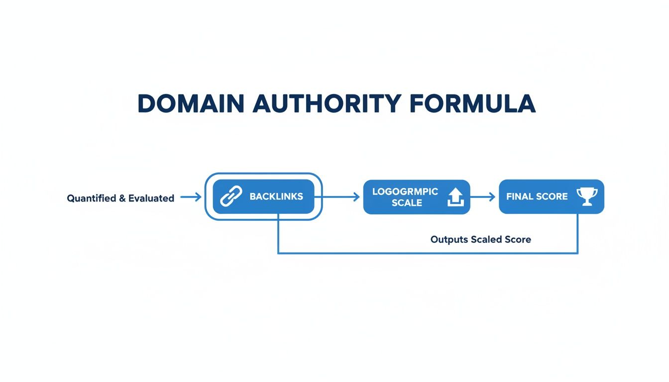 Flowchart explaining the Domain Authority formula, processing backlinks through a scale to a final score.