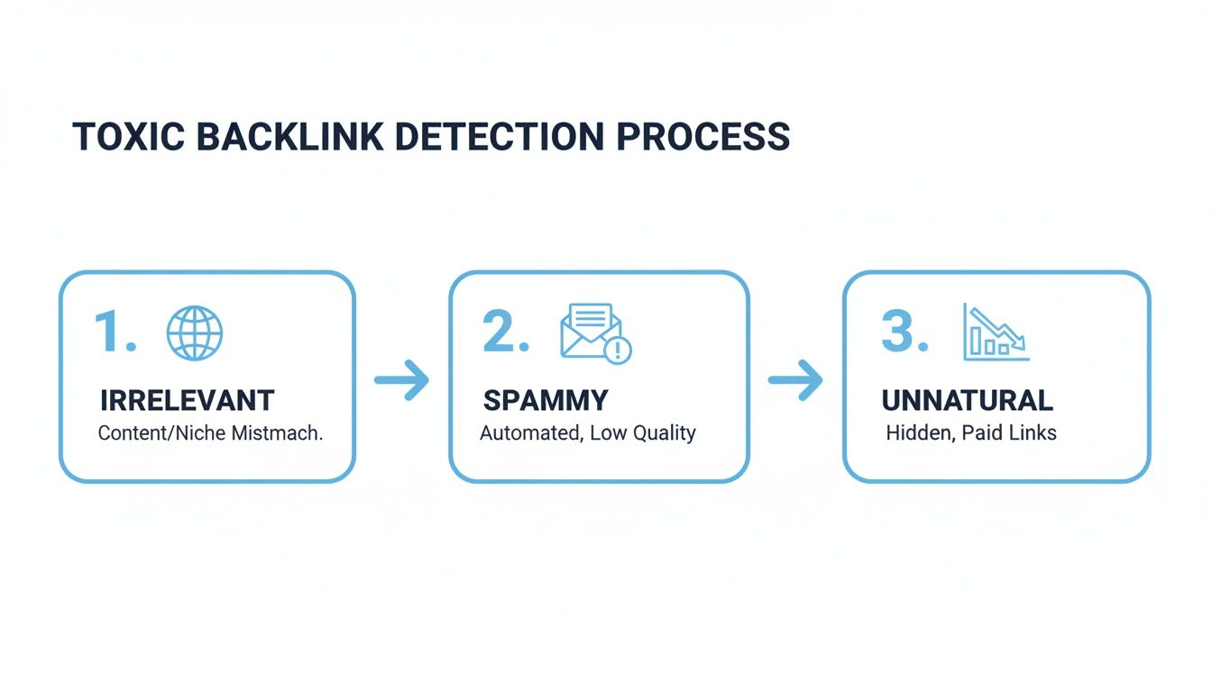 Flowchart illustrating the toxic backlink detection process with three steps: irrelevant, spammy, and unnatural.