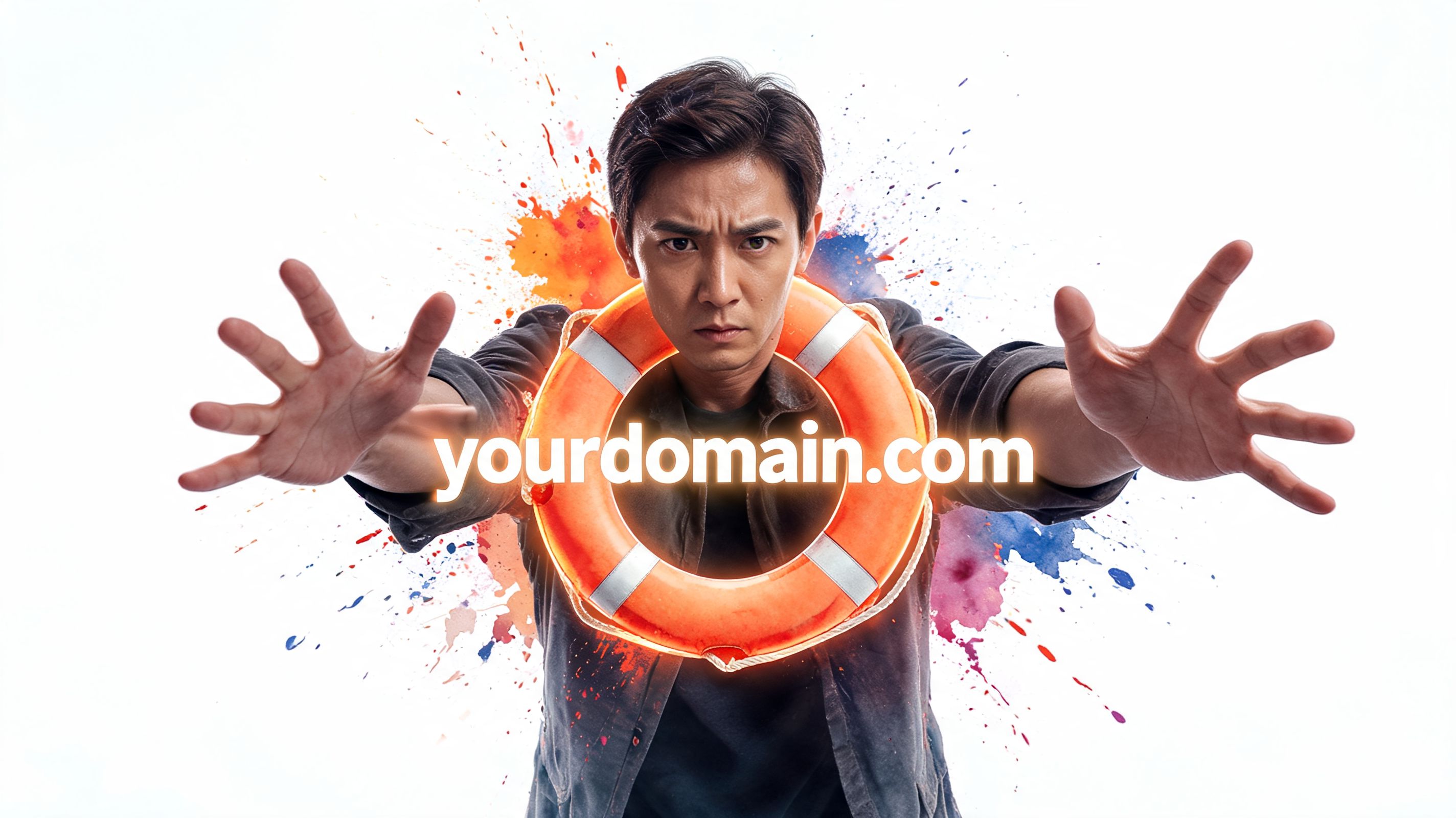 A man looking intensely forward while standing behind a floating orange life buoy featuring the text yourdomain.com.