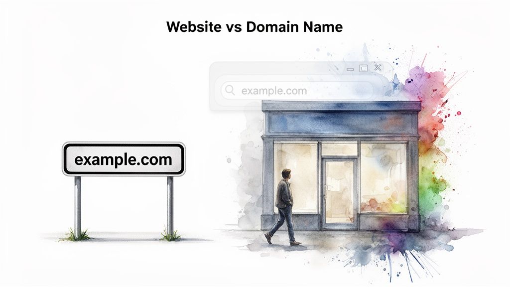An illustration comparing a domain name shown on a sign to a website represented by a storefront with a browser.