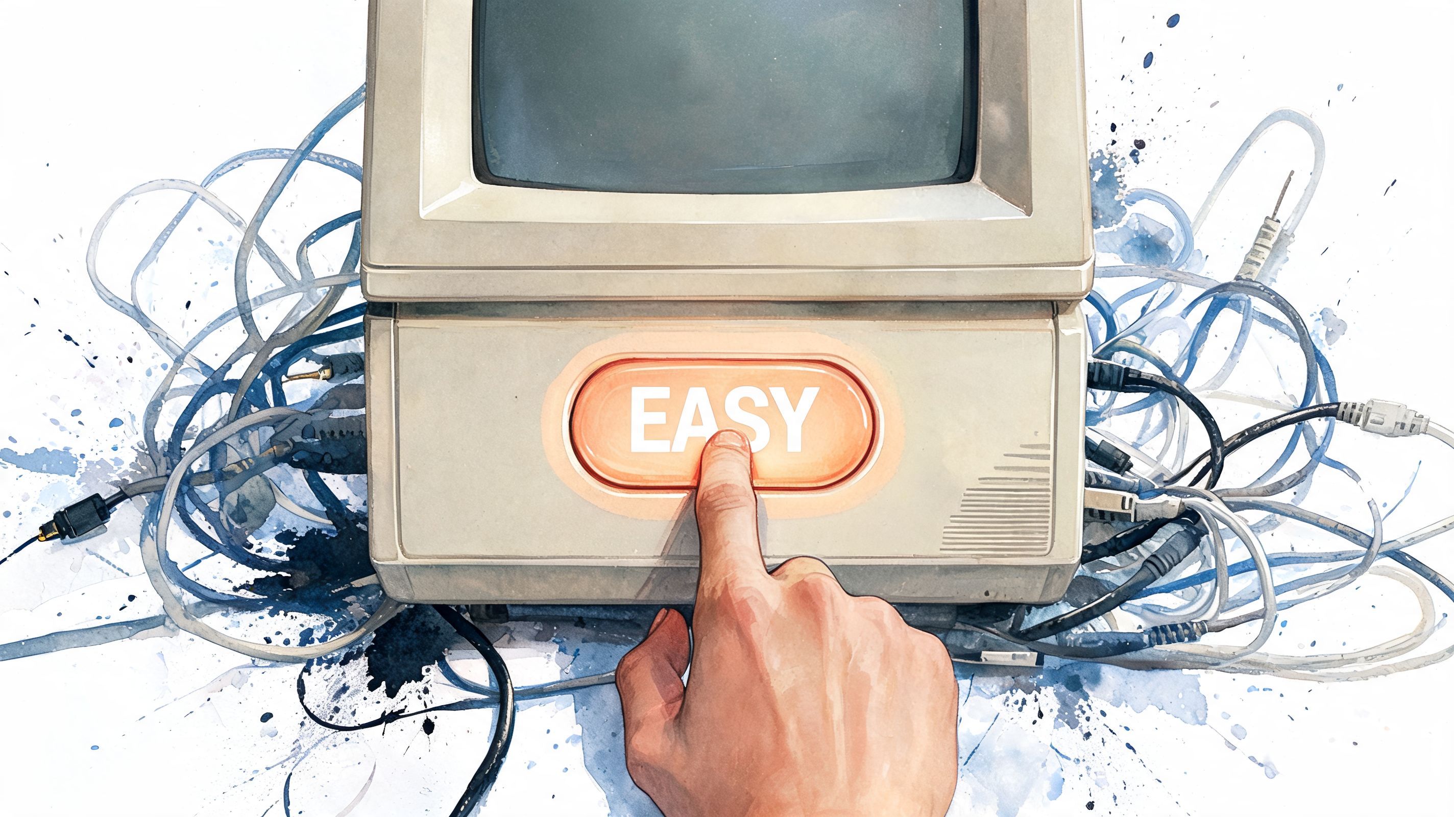 A hand pressing an orange button labeled easy on a vintage computer surrounded by tangled cables.