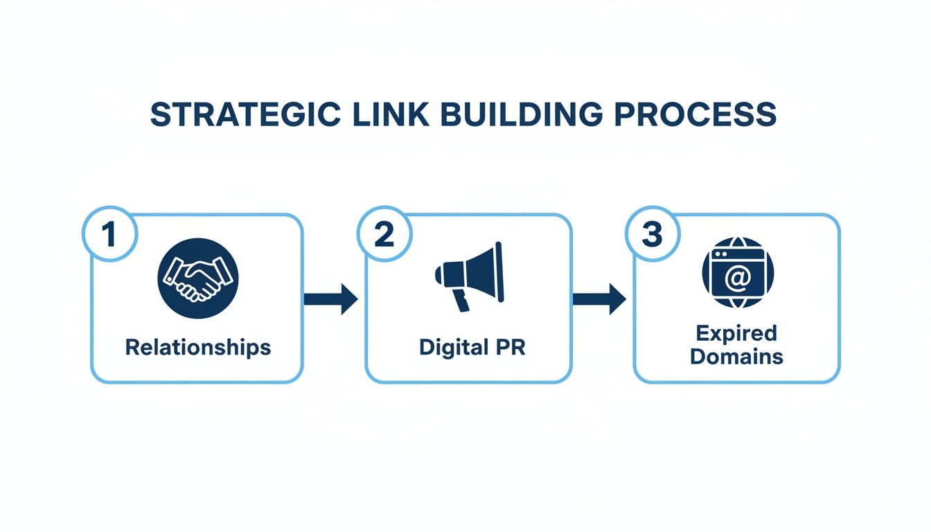 A flowchart illustrating the strategic link building process, including Relationships, Digital PR, and Expired Domains.
