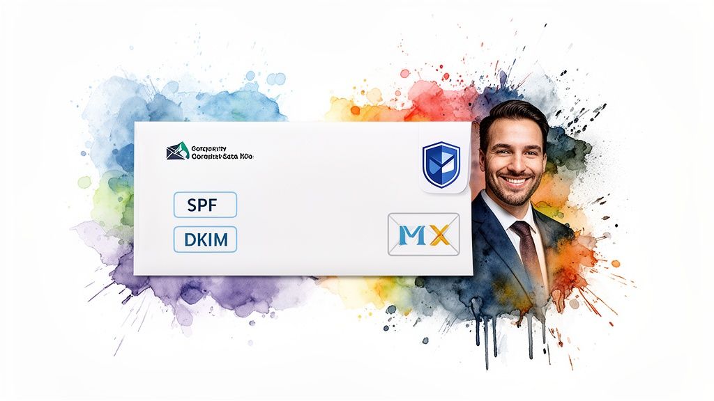 A smiling businessman with an envelope displaying email authentication protocols SPF, DKIM, and MX.