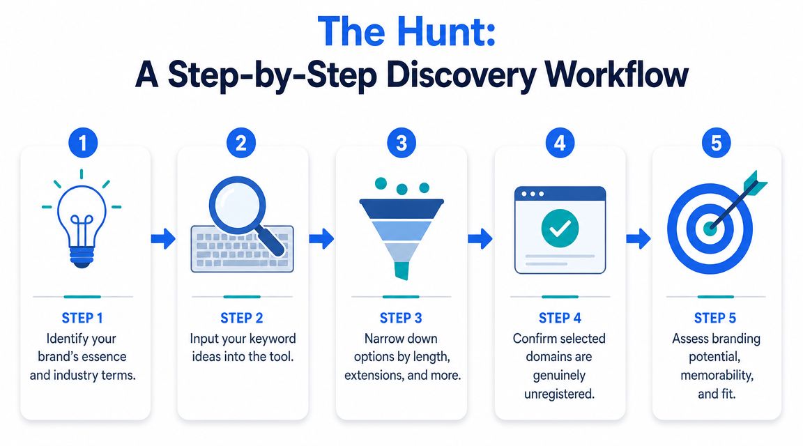 A five-step infographic showing a discovery workflow for finding and selecting the ideal domain name.