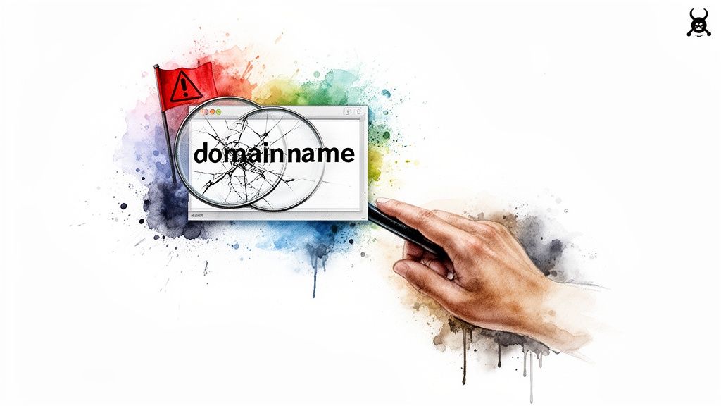 A cracked magnifying glass inspecting 'domainname' on a screen, with a red warning flag.