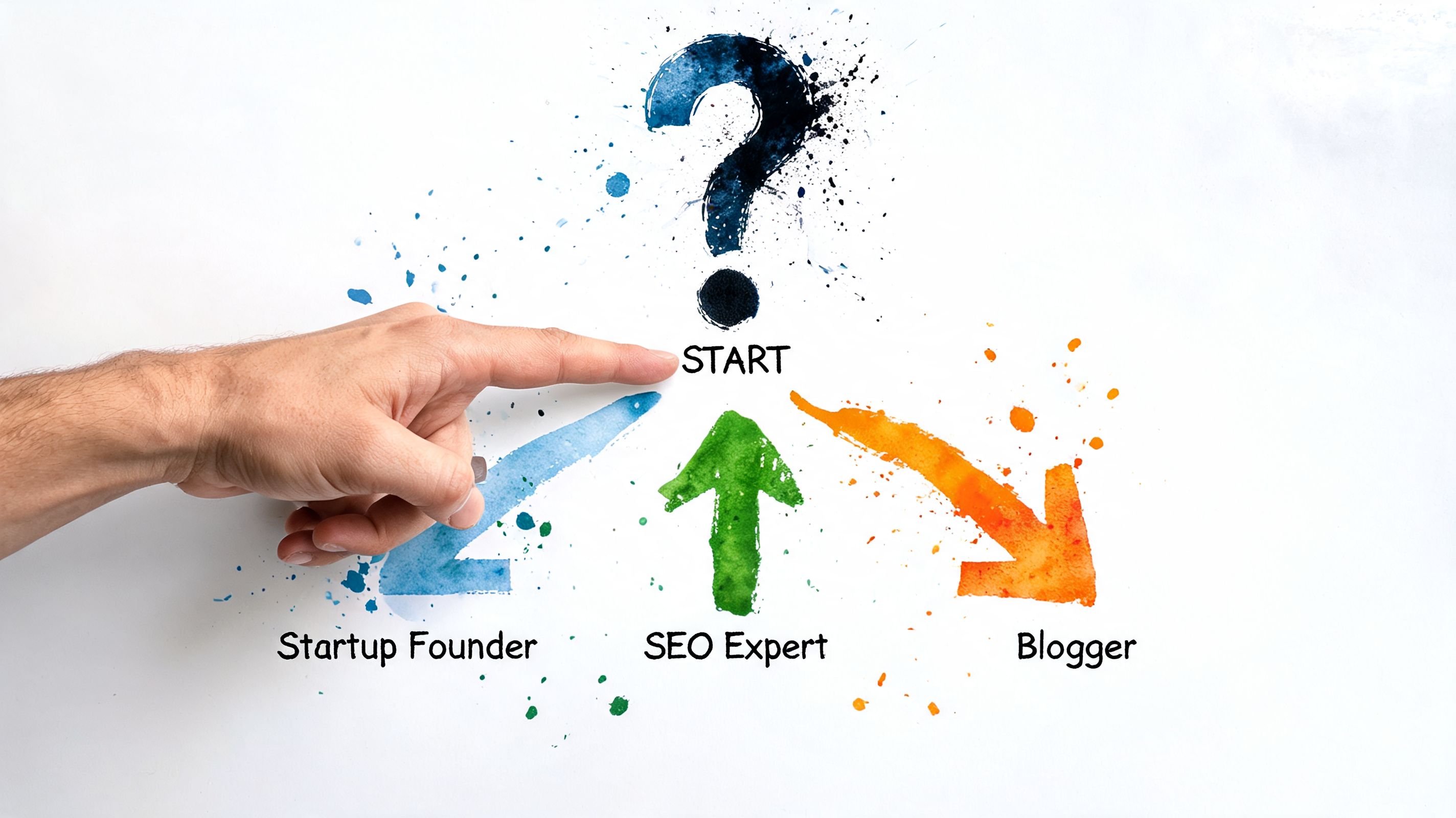 A human hand pointing at a start word with three different career paths and arrows below.