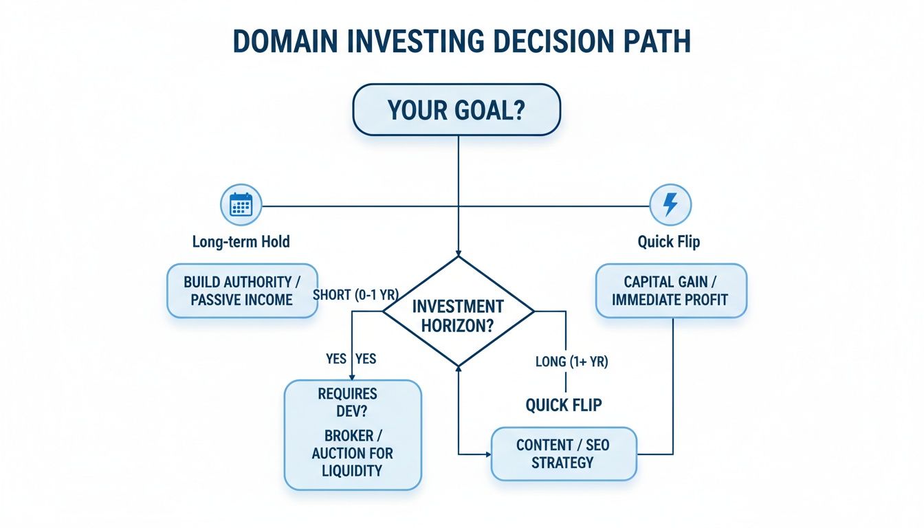 Flowchart illustrating the domain investing decision path, outlining goals, investment horizons, and strategies.