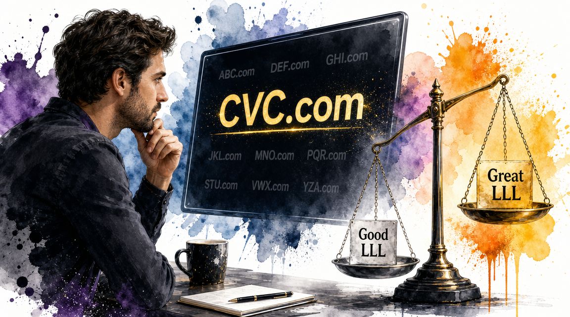 A man thoughtfully contemplates selecting between good and great three-letter domain names on a display screen.