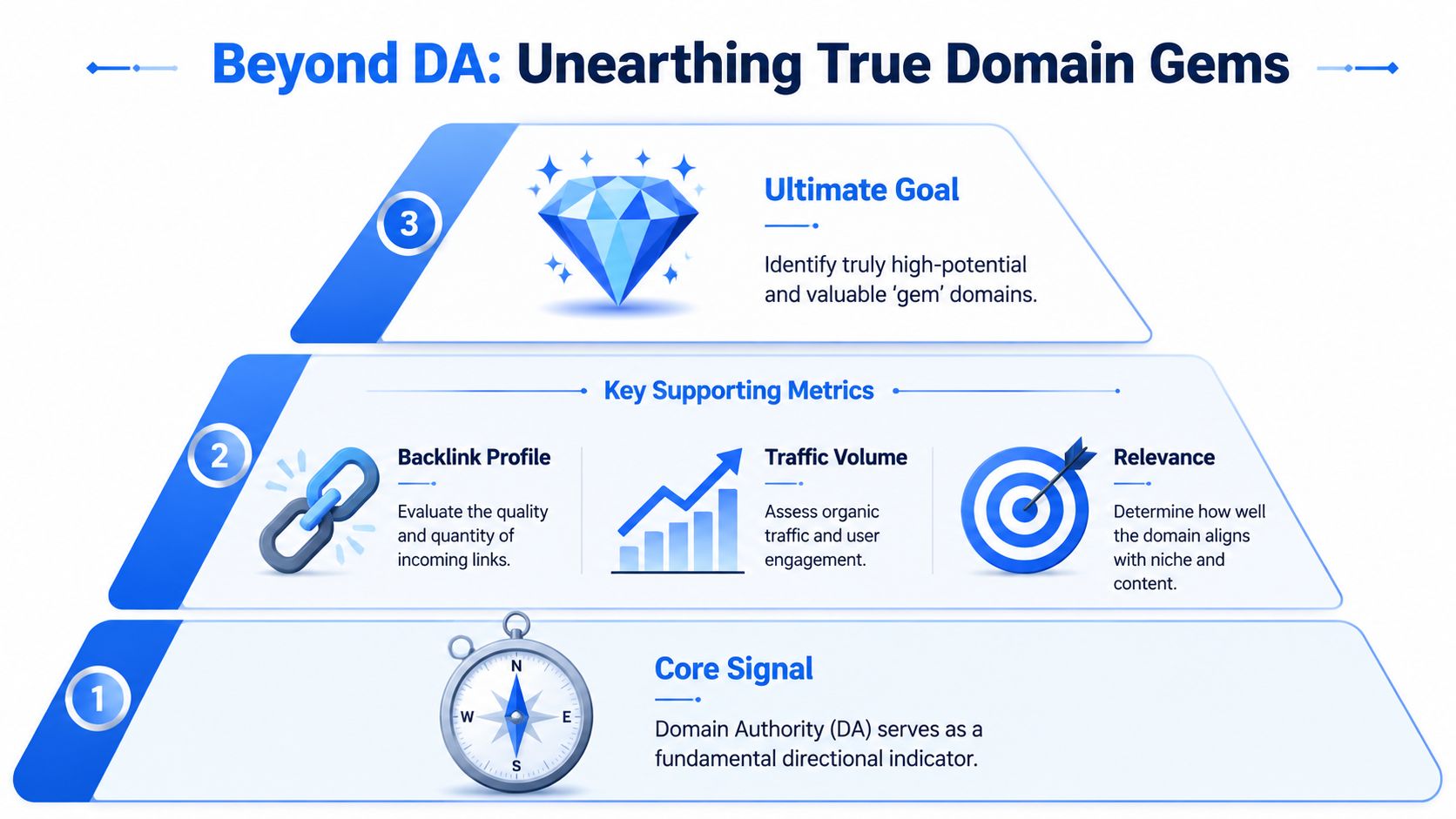 An infographic showing a three-tiered pyramid illustrating how to evaluate domain quality beyond just Domain Authority.