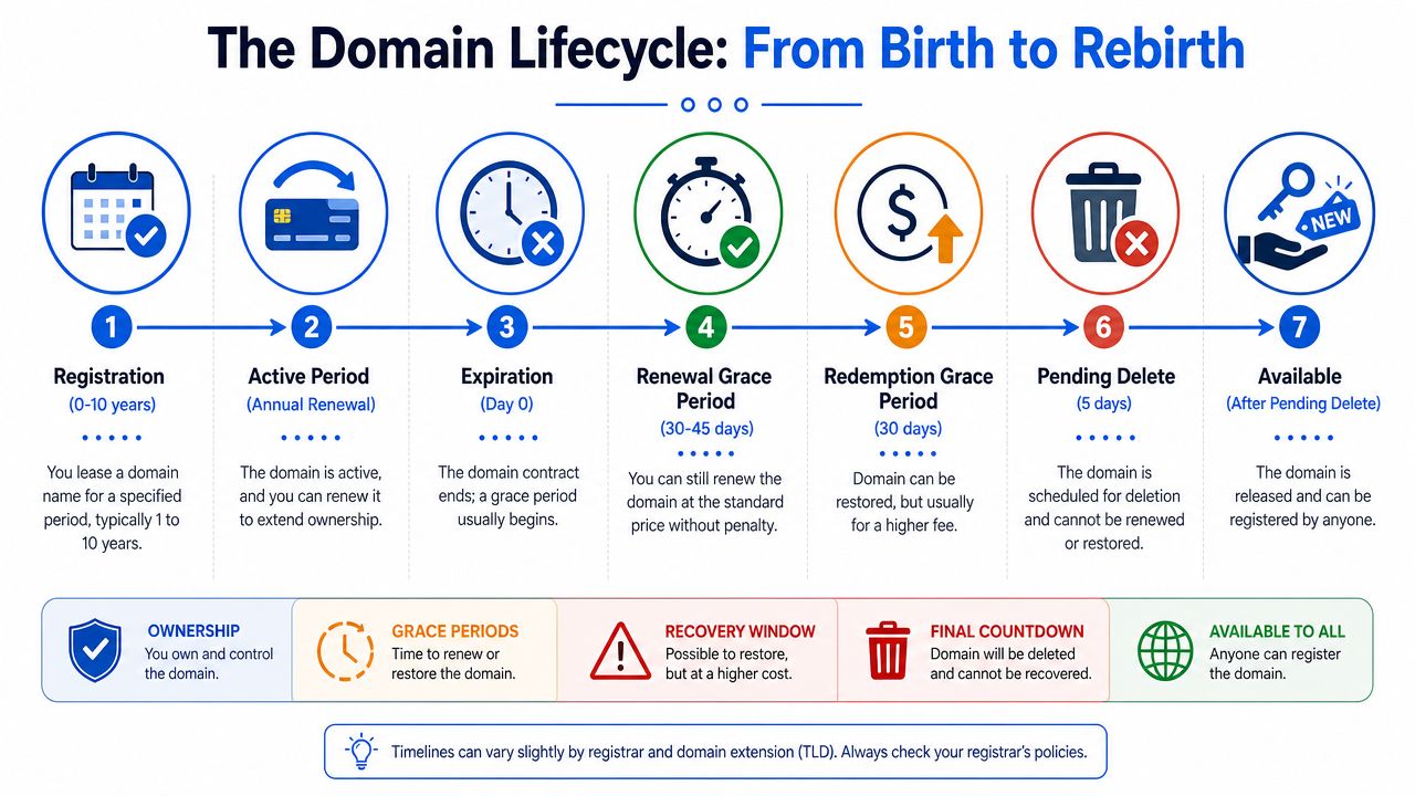 A diagram illustrating the seven stages of the domain name lifecycle, from initial registration to becoming available again.