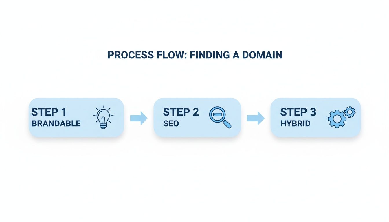 Process flow illustrating three steps for finding a domain: brandable, SEO, and hybrid strategies.