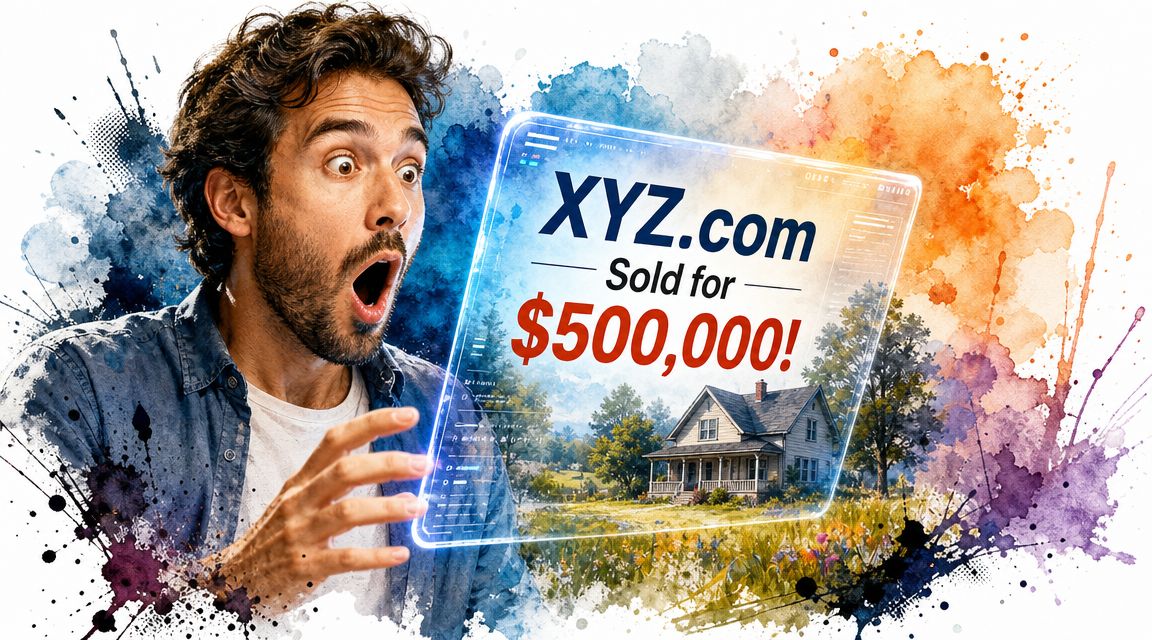 A shocked man looking at a digital display showing a house sale for five hundred thousand dollars.