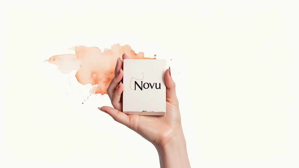 A hand gently holds a small white box with the 'Novu' logo, set against a watercolor background.